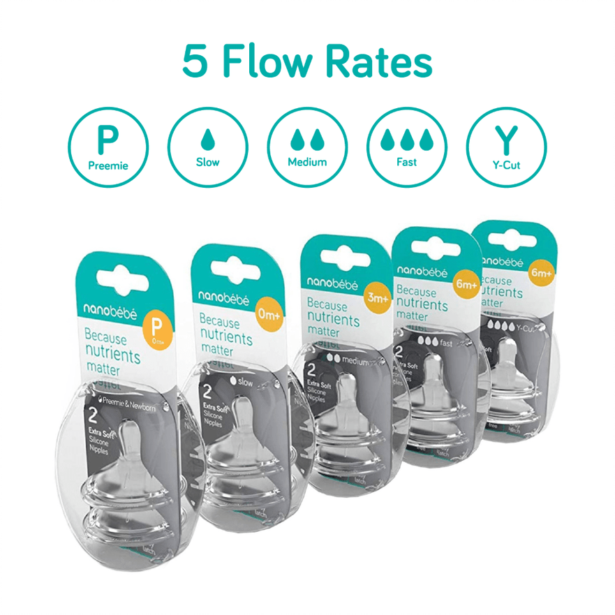 Silicone Baby Bottle Nipples, 5 Flow Rates, 2-Pack