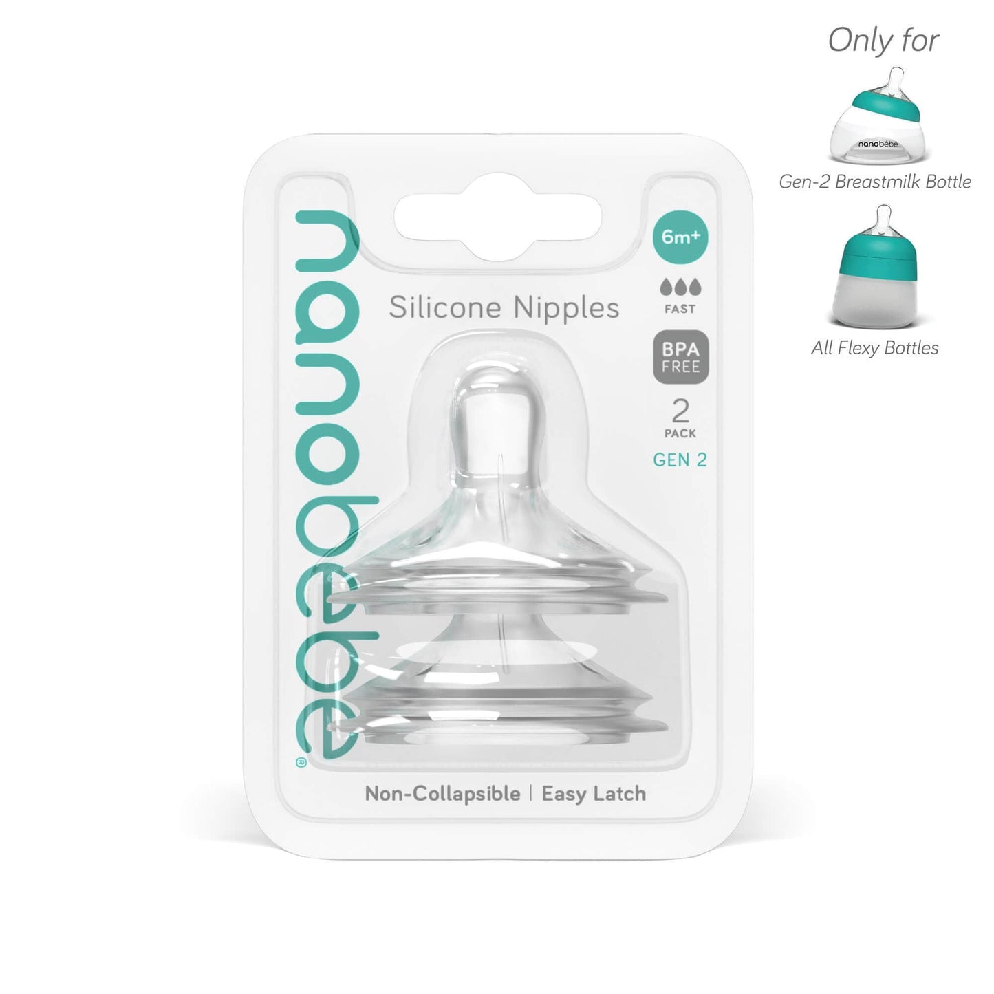 Nanobébé US Fast Flow / Gen 2 Silicone Baby Bottle Nipples, 2-Pack