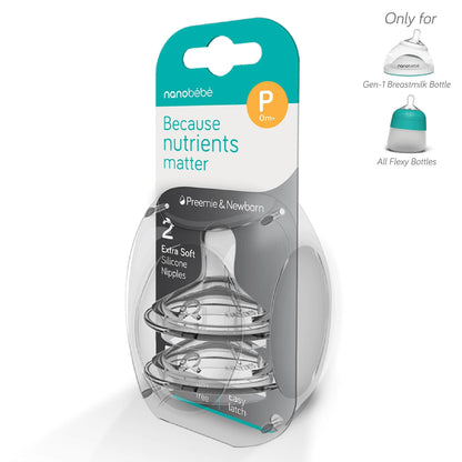 Nanobébé US Preemie / Gen 1 Silicone Baby Bottle Nipples, 2-Pack